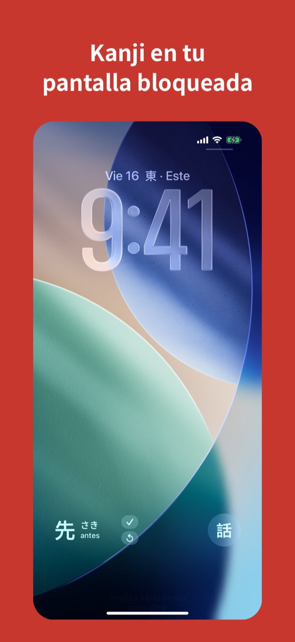 Pantalla bloqueada de un iPhone con widgets de kanji: un kanji, su lectura y su significado