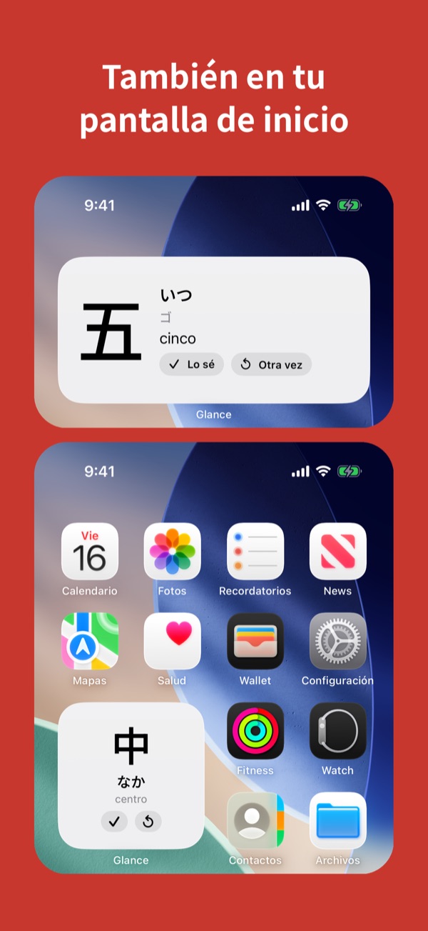 Widgets de kanji en la pantalla de inicio del iPhone